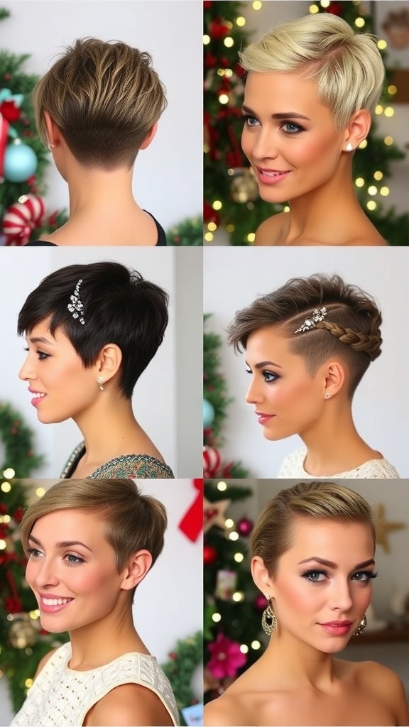 Festive Hairstyles for Very Short Hair Various festive hairstyles for short hair, including a textured pixie, sleek side part, and braided crown, with holiday decorations in the background.